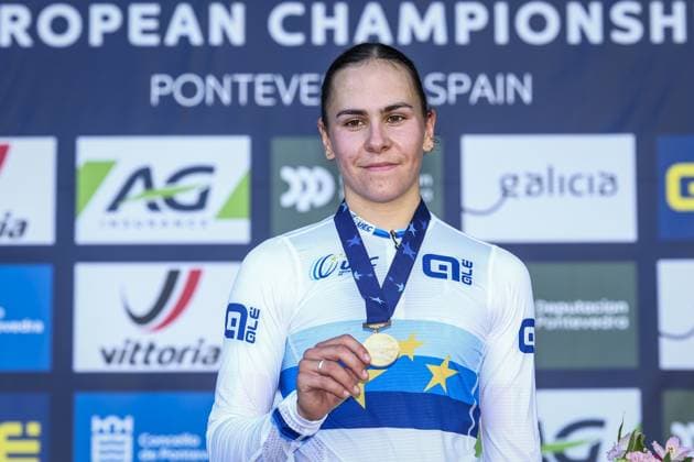 French Celia Gery celebrates on the podium after winning the U23 Women race at the European Championships cyclocross cycling in Pontevedra, Spain, Sunday 03 November 2024. DAVIDxPINTENS  x104425787x