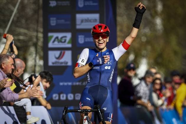 French Celia Gery celebrates as she crosses the finish line at the U23 Women race at the European Championships cyclocross cycling in Pontevedra, Spain, Sunday 03 November 2024. DAVIDxPINTENS  x104425803x