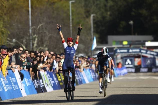French Celia Gery celebrates as she crosses the finish line at the U23 Women race at the European Championships cyclocross cycling in Pontevedra, Spain, Sunday 03 November 2024. DAVIDxPINTENS  x104425808x