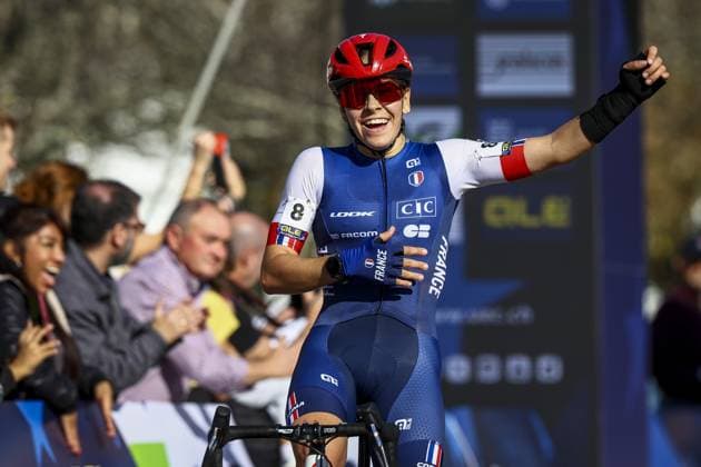 French Celia Gery celebrates as she crosses the finish line at the U23 Women race at the European Championships cyclocross cycling in Pontevedra, Spain, Sunday 03 November 2024. DAVIDxPINTENS  x104425822x