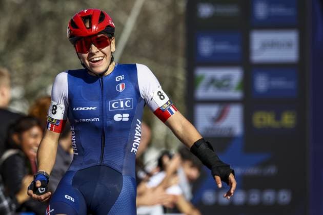 French Celia Gery celebrates as she crosses the finish line at the U23 Women race at the European Championships cyclocross cycling in Pontevedra, Spain, Sunday 03 November 2024. DAVIDxPINTENS  x104425825x