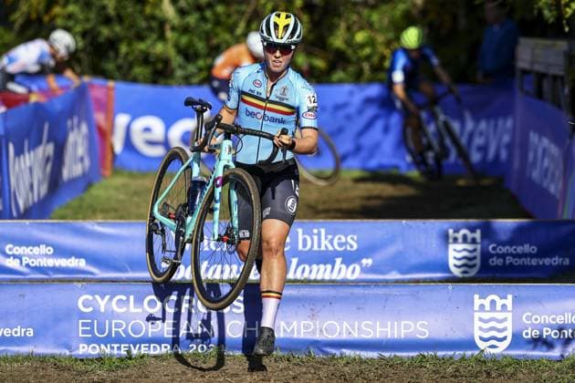 Belgian Nette Coppens pictured in action during the U23 Women race at the European Championships cyclocross cycling in Pontevedra, Spain, Sunday 03 November 2024. DAVIDxPINTENS  x104425836x