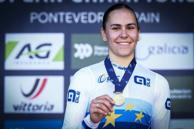 French Celia Gery celebrates on the podium after winning the U23 Women race at the European Championships cyclocross cycling in Pontevedra, Spain, Sunday 03 November 2024. DAVIDxPINTENS  x104425855x