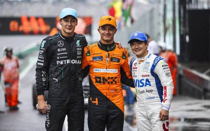Sport Themen der Woche KW44 NORRIS Lando (gbr), McLaren F1 Team MCL38, RUSSELL George (gbr), Mercedes AMG F1 Team W15, TSUNODA Yuki (jap), Visa Cash App RB F1 Team VCARB 01, portrait during the Formula 1 Grande Premio de Sao Paulo 2024, 21th round of the 2024 Formula One World Championship, WM, Weltmeisterschaft from November 1 to 3, 2024 on the Interlagos Circuit, in Sao Paulo, Brazil - F1 - SAO PAULO GRAND PRIX 2024 DPPI Panoramic  241103_R21_BRASILE_DP_XB5_3536