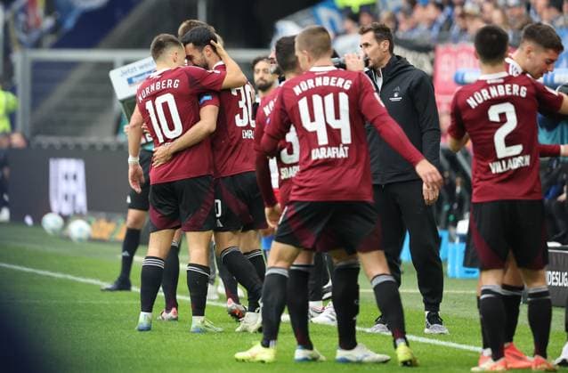GER, 2. Liga, Hamburger SV vs. 1. FC Nuernberg 03.11.2024, Volksparkstadion, Hamburg, GER, 2. Liga, Hamburger SV vs. 1. FC Nuernberg im Bild picture shows Torjubel Jubel. Torschütze Torschuetze Mahir Emreli (1.FC Nuernberg 30) jubelt ueber das Tor zum 1:1