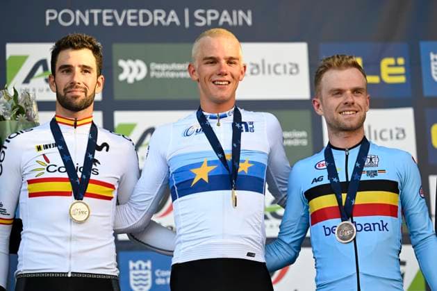 2024 UEC Cyclo-Cross EC - Men Elite PONTEVEDRA, SPAIN - NOVEMBER 03 : Orts Lloret Felipe (ESP) winning the silver medal, Nys Thibau (BEL) winning the gold medal and Iserbyt Eli (BEL) winning the bronze medal pictured during the podium ceremony of the 2024 UEC Cyclo-Cross European Championships for Men Elite on November 03, 2024 in Pontevedra, Spain, 03 11 2024 Pontevedra Spain  Copyright: xNicoxVereeckenx
