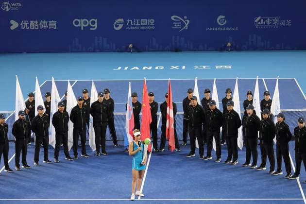China Jiujiang WTA, Tennis Damen Jiangxi Open Viktorija Golubic of Switzerland celebrates with the trophy after winning the WTA Jiangxi Open in Jiujiang city in central China s Jiangxi province Sunday, Nov. 03, 2024. Golubic beat Rebecca Sramkova of Slovakia in the final by 6-3, 7-5., Credit:FEATURECHINA Avalon CHINA, JIANGXI, JIUJIANG  Copyright: xFEATURECHINAx xAvalonx 0777791895st