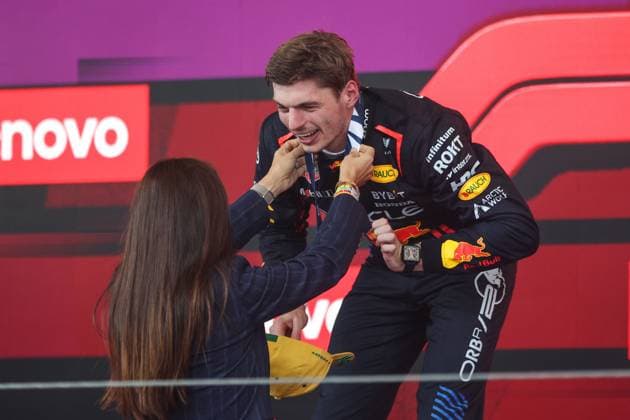 VERSTAPPEN Max (ned), Red Bull Racing RB20, portrait podium celebrates victory Fabiana Ecclestone portrait during the Formula 1 Grande Premio de Sao Paulo 2024, 21th round of the 2024 Formula One World Championship, WM, Weltmeisterschaft from November 1 to 3, 2024 on the Interlagos Circuit, in Sao Paulo, Brazil - F1 - SAO PAULO GRAND PRIX 2024 DPPI Panoramic  241103_R21_BRASILE_DP_XB3_5300
