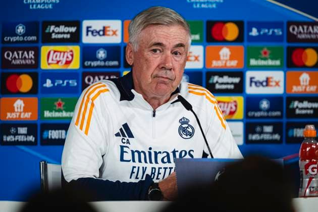 Champions League 2024 25 League Phase MD4: Real Madrid Training Session and press conference, PK, Pressekonferenz Carlo Ancelotti, head coach of Real Madrid CF, seen speaking during the UEFA Champions League 2024 25 League Phase MD4 training and press conference at Ciudad Real Madrid on November 4, 2024 in Madrid, Spain. Valdebebas Ciudad Real Madrid Madrid Spain Copyright: xAlbertoxGardinx AGardin_20241104_Football_Champions_Real_Madrid_PC_002
