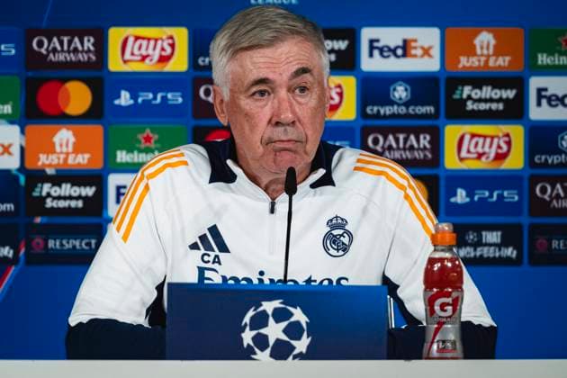 Champions League 2024 25 League Phase MD4: Real Madrid Training Session and press conference, PK, Pressekonferenz Carlo Ancelotti, head coach of Real Madrid CF, seen speaking during the UEFA Champions League 2024 25 League Phase MD4 training and press conference at Ciudad Real Madrid on November 4, 2024 in Madrid, Spain. Valdebebas Ciudad Real Madrid Madrid Spain Copyright: xAlbertoxGardinx AGardin_20241104_Football_Champions_Real_Madrid_PC_006