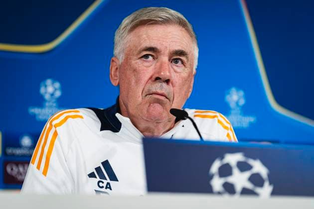 Champions League 2024 25 League Phase MD4: Real Madrid Training Session and press conference, PK, Pressekonferenz Carlo Ancelotti, head coach of Real Madrid CF, seen speaking during the UEFA Champions League 2024 25 League Phase MD4 training and press conference at Ciudad Real Madrid on November 4, 2024 in Madrid, Spain. Valdebebas Ciudad Real Madrid Madrid Spain Copyright: xAlbertoxGardinx AGardin_20241104_Football_Champions_Real_Madrid_PC_017
