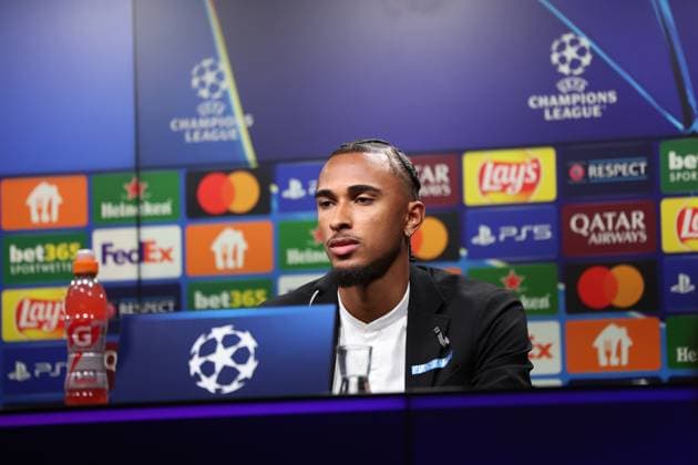 SOCCER - UEFA CL, Dortmund vs Sturm DORTMUND,GERMANY,04.NOV.24 - SOCCER - UEFA Champions League, Borussia Dortmund vs SK Sturm Graz, preview, press conference, PK, Pressekonferenz Sturm. Image shows Emanuel Aiwu (Sturm).  GEPAxpictures xChrisxBauer