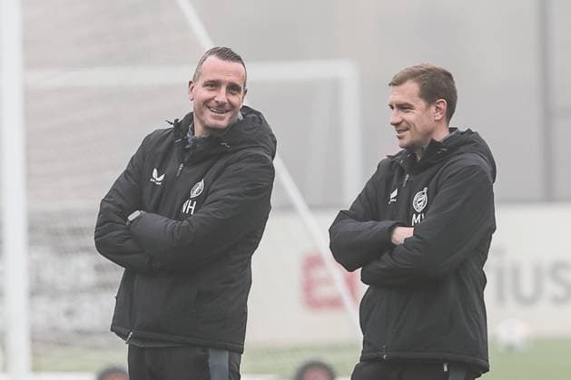 Club s head coach Nicky Hayen and Club s assistant coach Michiel Jonckheere pictured during a training session of Belgian soccer team Club Brugge KV, Tuesday 05 November 2024 in Knokke-Heist. The team is preparing for tomorrow s game against English Aston Villa F.C., on day 4 of the UEFA Champions League league phase. BRUNOxFAHY  x104621307x