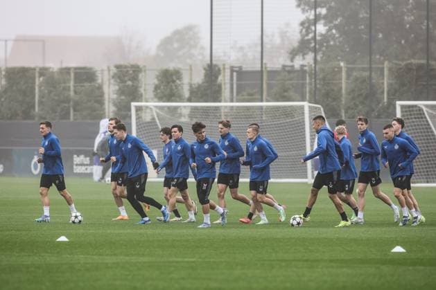 Club s players pictured during a training session of Belgian soccer team Club Brugge KV, Tuesday 05 November 2024 in Knokke-Heist. The team is preparing for tomorrow s game against English Aston Villa F.C., on day 4 of the UEFA Champions League league phase. BRUNOxFAHY  x104621323x