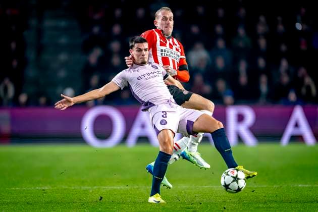PSV Eindhoven defender Rick Karsdorp , Girona FC defender Miguel Gutierrez, during the match PSV - Girona at the Philips stadium for the UEFA Champions League - League phase - Matchday 4 season 2024-2025 in EINDHOVEN, Netherlands on 5 november 2024, (photo by Marcel van Dorst EYE4images DeFodi Images) not used in POL SRB CRO FRA GBR NED ITA USA Defodi-746_198071