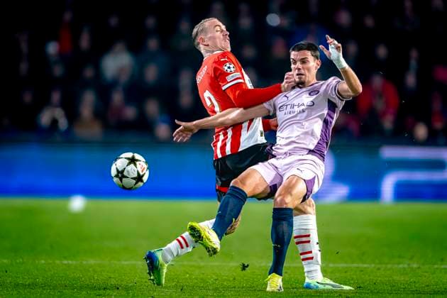 PSV Eindhoven defender Rick Karsdorp , Girona FC defender Miguel Gutierrez, during the match PSV - Girona at the Philips stadium for the UEFA Champions League - League phase - Matchday 4 season 2024-2025 in EINDHOVEN, Netherlands on 5 november 2024, (photo by Marcel van Dorst EYE4images DeFodi Images) not used in POL SRB CRO FRA GBR NED ITA USA Defodi-746_198073