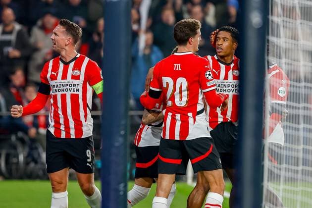 EINDHOVEN, 05-11-2024, Philips stadium. Dutch football. Champions League, season 2024 2025. Player PSV Ryan Flamingo celebrates after scoring 1-0 PSV - Girona  x26675897x Copyright: