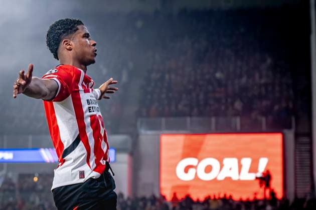PSV Eindhoven defender Ryan Flamingo scores the 1-0 and celebrating the goal, during the match PSV - Girona at the Philips stadium for the UEFA Champions League - League phase - Matchday 4 season 2024-2025 in EINDHOVEN, Netherlands on 5 november 2024, (photo by Marcel van Dorst EYE4images DeFodi Images) not used in POL SRB CRO FRA GBR NED ITA USA Defodi-746_198079
