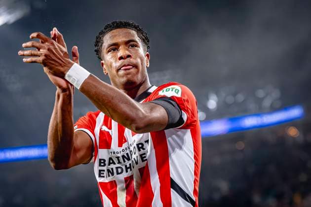 PSV Eindhoven defender Ryan Flamingo scores the 1-0 and celebrating the goal, during the match PSV - Girona at the Philips stadium for the UEFA Champions League - League phase - Matchday 4 season 2024-2025 in EINDHOVEN, Netherlands on 5 november 2024, (photo by Marcel van Dorst EYE4images DeFodi Images) not used in POL SRB CRO FRA GBR NED ITA USA Defodi-746_198076