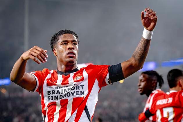PSV Eindhoven defender Ryan Flamingo scores the 1-0 and celebrating the goal, during the match PSV - Girona at the Philips stadium for the UEFA Champions League - League phase - Matchday 4 season 2024-2025 in EINDHOVEN, Netherlands on 5 november 2024, (photo by Marcel van Dorst EYE4images DeFodi Images) not used in POL SRB CRO FRA GBR NED ITA USA Defodi-746_198081