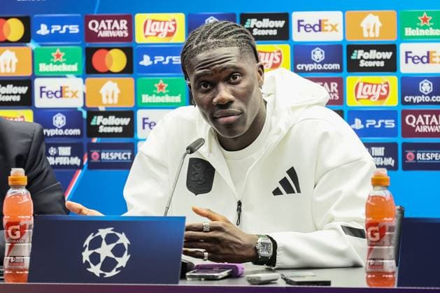 Aston Villa s Amadou Onana pictured during a press conference, PK, Pressekonferenz of English soccer team Aston Villa F.C., Tuesday 05 November 2024 in Brugge. The team is preparing for tomorrow s game against Belgian Club Brugge KV, on day 4 of the UEFA Champions League league phase. BRUNOxFAHY  x104655371x