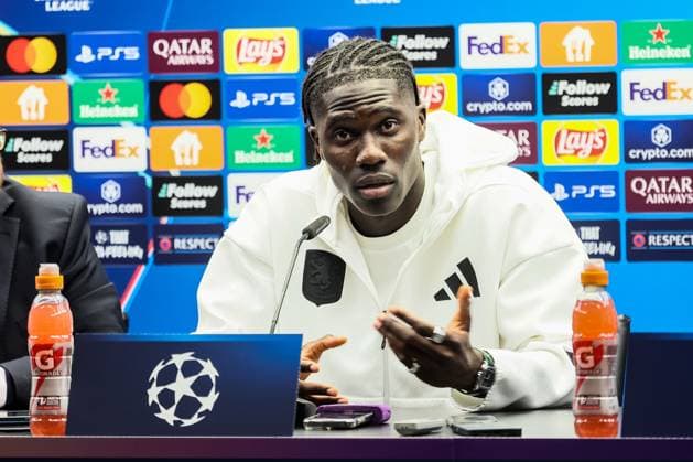 Aston Villa s Amadou Onana pictured during a press conference, PK, Pressekonferenz of English soccer team Aston Villa F.C., Tuesday 05 November 2024 in Brugge. The team is preparing for tomorrow s game against Belgian Club Brugge KV, on day 4 of the UEFA Champions League league phase. BRUNOxFAHY  x104655920x