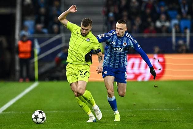 SK Slovan Bratislava v GNK Dinamo - UEFA Champions League 2024 25 League Phase MD4 Stefan Ristovski of Dinamo Zagreb competes for the ball with Nino Marcelli of Slovan Bratislava during the UEFA Champions League 2024 25 League Phase MD4 match between SK Slovan Bratislava and GNK Dinamo at National football stadium on November 5, 2024 in Bratislava, Slovakia.  MarkoxLukunic PIXSELL
