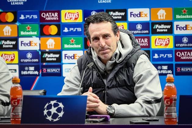 Aston Villa s head coach Unai Emery pictured during a press conference, PK, Pressekonferenz of English soccer team Aston Villa F.C., Tuesday 05 November 2024 in Brugge. The team is preparing for tomorrow s game against Belgian Club Brugge KV, on day 4 of the UEFA Champions League league phase. BRUNOxFAHY  x104658392x