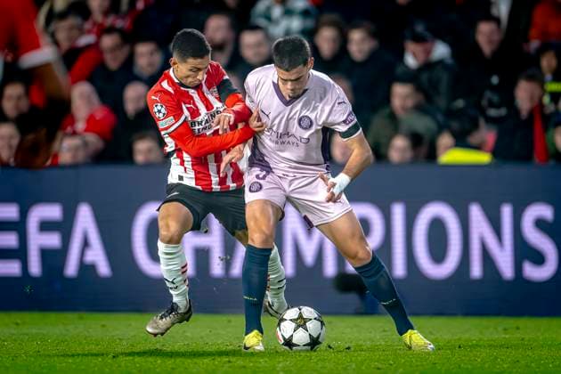 PSV Eindhoven defender Mauro Junior, Girona FC defender Miguel Gutierrez, during the match PSV - Girona at the Philips stadium for the UEFA Champions League - League phase - Matchday 4 season 2024-2025 in EINDHOVEN, Netherlands on 5 november 2024, (photo by Marcel van Dorst EYE4images DeFodi Images) not used in POL SRB CRO FRA GBR NED ITA USA Defodi-746_198119