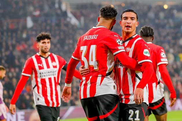 EINDHOVEN, 05-11-2024, Philips stadium. Dutch football. Champions League, season 2024 2025. players of PSV celebrates after scoring own goal 4-0 PSV - Girona  x26676260x Copyright: