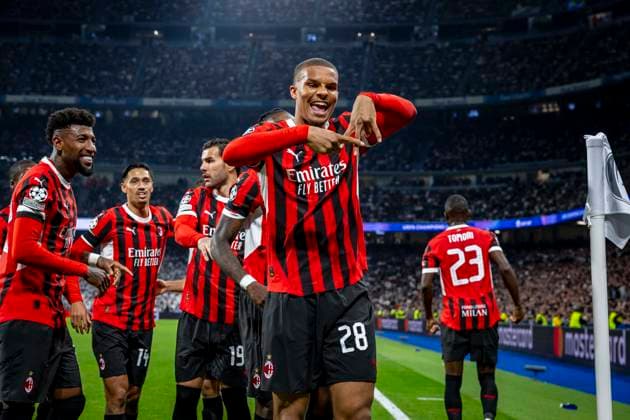 Sport Bilder des Tages Real Madrid CF vs AC Milan- UEFA Champions League - 05 11 2024 Malick Thiaw of AC Milan celebrating the opening goal with his teammates during the UEFA Champions League match between Real Madrid CF and AC Milan at Estadio Santiago Bernabeu on November 05, 2024 in Madrid, Spain. Madrid Spain Copyright: xPGSxPhotoxagencyx