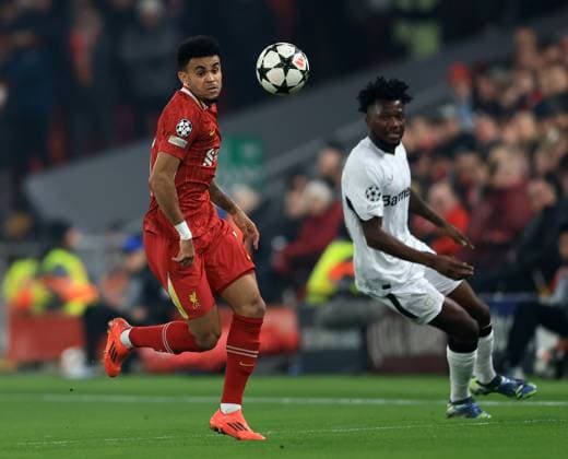 Liverpool, England, 5th November 2024. Luis Diaz of Liverpool during the UEFA Champions League match at Anfield, Liverpool. Picture credit should read: Jessica Hornby Sportimage EDITORIAL USE ONLY. No use with unauthorised audio, video, data, fixture lists, club league logos or live services. Online in-match use limited to 120 images, no video emulation. No use in betting, games or single club league player publications. SPI-3439-0033
