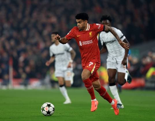 Liverpool, England, 5th November 2024. Luis Diaz of Liverpool during the UEFA Champions League match at Anfield, Liverpool. Picture credit should read: Jessica Hornby Sportimage EDITORIAL USE ONLY. No use with unauthorised audio, video, data, fixture lists, club league logos or live services. Online in-match use limited to 120 images, no video emulation. No use in betting, games or single club league player publications. SPI-3439-0035