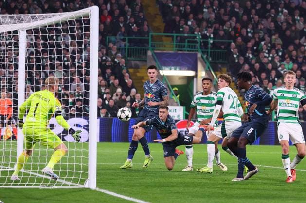Celtic Glasgow - RB Leipzig Champions League Glasgow, 05.11.2024, Celtic Park, Fussball, UEFA Champions League, 4. Spieltag , Celtic Glasgow vs. RB Leipzig , Im Bild: Tor für RB Leipzig, Christoph Baumgartner (14, RB Leipzig) trifft per Kopf zum 0:1 , Only editorial use! Foto nur zur redaktionellen Nutzung bestimmt! , UEFA regulations prohibit any use of photographs as image sequences and or quasi-video ,