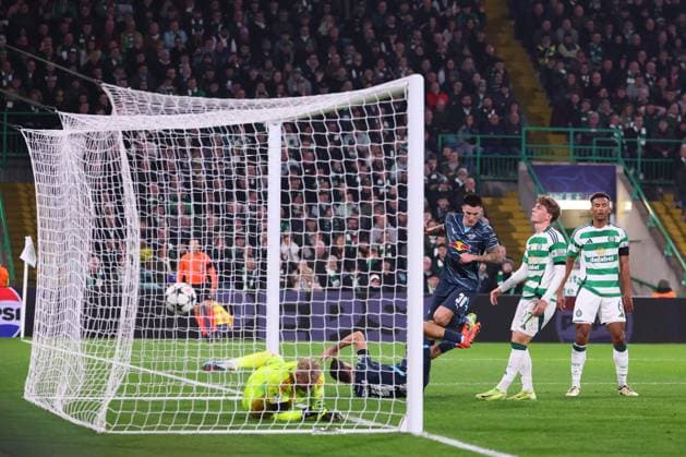 Celtic Glasgow - RB Leipzig Champions League Glasgow, 05.11.2024, Celtic Park, Fussball, UEFA Champions League, 4. Spieltag , Celtic Glasgow vs. RB Leipzig , Im Bild: Tor für RB Leipzig, Christoph Baumgartner (14, RB Leipzig) trifft per Kopf zum 0:1 , Only editorial use! Foto nur zur redaktionellen Nutzung bestimmt! , UEFA regulations prohibit any use of photographs as image sequences and or quasi-video ,