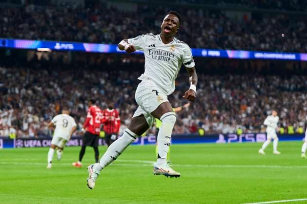 ESP: Real Madrid v AC Milan. UEFA Champions League. Date 4. 05 11 2024 Vinicius Junior of Real Madrid CF celebrates after scoring the 1-1 during the UEFA Champions League match between Real Madrid and AC Milan played at Santiago Bernabeu Stadium on November 5, 2024 in Madrid, Spain. kpng Copyright: xCesarxCebollax xPRESSINPHOTOx CCB_051124001RMACM_024