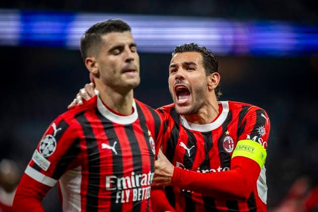 Real Madrid CF vs AC Milan- UEFA Champions League - 05 11 2024 Alvaro Morata of AC Milan (L) celebrates after scoring his goal with Theo Hernandez of AC Milan during the UEFA Champions League match between Real Madrid CF and AC Milan at Estadio Santiago Bernabeu on November 05, 2024 in Madrid, Spain. Madrid Spain Copyright: xPGSxPhotoxagencyx
