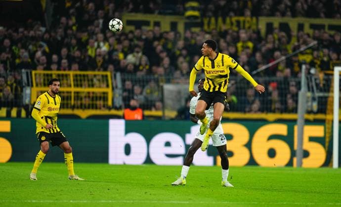 November 05 2024: Felix Nmecha of Borussia Dortmund controls the ball during a Champions League Round 4 game, BvB Dortmund v SK Sturm Graz at Signal Luna Park, Dortmund, Germany. CSM Dortmund Germany - ZUMAc04_ 20241105_zma_c04_010 Copyright: xUlrikxPedersenx