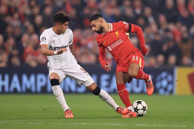 Football - UEFA Champions League - League Phase - Liverpool v Bayer Leverkusen 5th November 2024 - UEFA Champions League - League Phase - Liverpool v Bayer Leverkusen - Mohamed Salah of Liverpool turns Piero Hincapie of Bayer Leverkusen - Photo: Simon Stacpoole Offside. Liverpool UK Copyright: xSimonxStacpoolexOffside