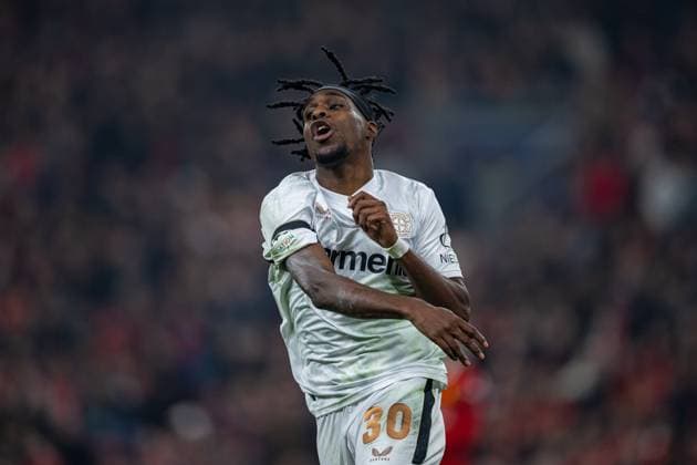 Football - UEFA Champions League - League Phase - Liverpool FC v Bayer Leverkusen LIVERPOOL, ENGLAND - Tuesday, November 5, 2024: Bayer Leverkusen s Jeremie Frimpong reacts after his goal is ruled out for off-side during the UEFA Champions League game between Liverpool FC and Bayer Leverkusen at Anfield. (Photo by David Rawcliffe Propaganda) LIVERPOOL Anfield MERSEYSIDE ENGLAND  Copyright: xDavidxRawcliffex P2024-11-05-Liverpool_Leverkusen-31