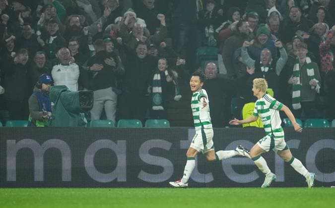 Reo Hatate of Celtic scores to give Celtic a 3-1 lead. Celtic v RB Leipzig, UEFA Champions League, Group Stage, Football, Celtic Park, Glasgow, Scotland, UK - 05 Nov 2024 EDITORIAL USE ONLY No use with unauthorised audio, video, data, fixture lists, club league logos or live services. Online in-match use limited to 120 images, no video emulation. No use in betting, games or single club league player publications. Copyright: xStuartxWallace Shutterstockx 14863772bb