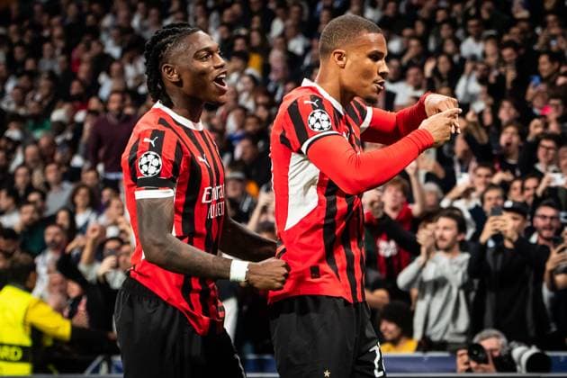 November 5, 2024, Madrid, Spain, Spain: Malick THIAW of AC Milan celebrate his goal with Rafael LEAO of AC Milan during the UEFA Champions League, League Phase MD4 match between Real Madrid CF and AC Milan at Santiago Bernabeu Stadium on November 05, 2024 in Madrid, Spain. Madrid Spain - ZUMAm308 20241105_zsp_m308_012 Copyright: xMatthieuxMirvillex