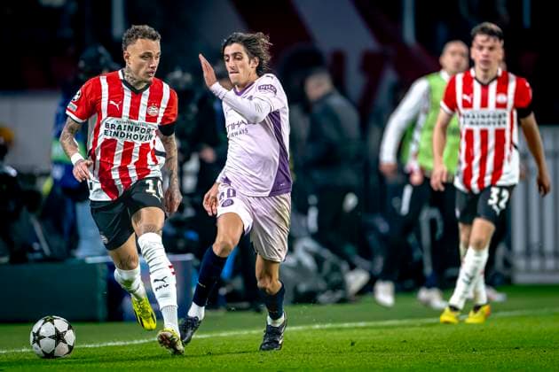 PSV Eindhoven forwarder Noa Lang, Girona FC forwarder Bryan Gil, during the match PSV - Girona at the Philips stadium for the UEFA Champions League - League phase - Matchday 4 season 2024-2025 in EINDHOVEN, Netherlands on 5 november 2024, (photo by Marcel van Dorst EYE4images DeFodi Images) not used in POL SRB CRO FRA GBR NED ITA USA Defodi-746_198204