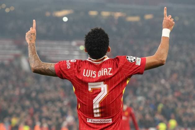 UEFA Champions League, League Stage Liverpool v Bayer 04 Leverkusen Luis Diaz of Liverpool celebrates his hat-trick goal to make it 4-0 during the UEFA Champions League, League Stage match Liverpool vs Bayer 04 Leverkusen at Anfield, Liverpool, United Kingdom, 5th November 2024 (Photo by Gareth Evans News Images) Liverpool Anfield Merseyside United Kingdom Copyright: xGarethxEvans NewsxImagesx
