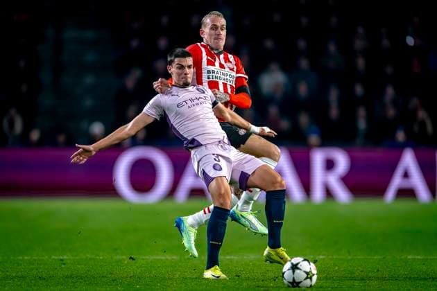 Girona FC defender Miguel Gutierrez, PSV Eindhoven defender Rick Karsdorp , during the match PSV - Girona at the Philips stadium for the UEFA Champions League - League phase - Matchday 4 season 2024-2025 in EINDHOVEN, Netherlands on 5 november 2024, (photo by Marcel van Dorst EYE4images DeFodi Images) not used in POL SRB CRO FRA GBR NED ITA USA Defodi-746_198203