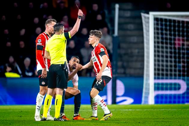 PSV Eindhoven defender Matteo Dams gets a yellow card, during the match PSV - Girona at the Philips stadium for the UEFA Champions League - League phase - Matchday 4 season 2024-2025 in EINDHOVEN, Netherlands on 5 november 2024, (photo by Marcel van Dorst EYE4images DeFodi Images) not used in POL SRB CRO FRA GBR NED ITA USA Defodi-746_198225