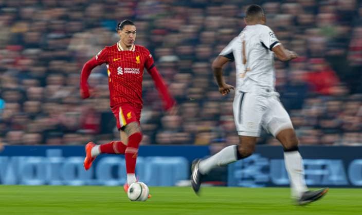Football - UEFA Champions League - League Phase - Liverpool FC v Bayer 04 Leverkusen LIVERPOOL, ENGLAND - Tuesday, November 5, 2024: Liverpool s Darwin Nunez during the UEFA Champions League game between Liverpool FC and Bayer Leverkusen at Anfield. (Photo by David Rawcliffe Propaganda) LIVERPOOL Anfield MERSEYSIDE ENGLAND  Copyright: xDavidxRawcliffex P2024-11-05-Liverpool_Leverkusen-76