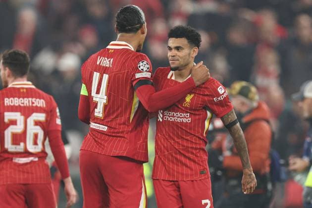 Virgil van Dijk of Liverpool and Luis Diaz of Liverpool at full-time Liverpool v Bayer 04 Leverkusen, UEFA Champions League, Group Stage, Football, Anfield, Liverpool, UK - 05 Nov 2024 EDITORIAL USE ONLY No use with unauthorised audio, video, data, fixture lists, club league logos or live services. Online in-match use limited to 120 images, no video emulation. No use in betting, games or single club league player publications. Copyright: xPaulxCurrie Shutterstockx 14863785er