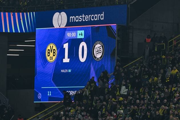05.11.2024, Fussball, Champions League, 4. Spieltag, Saison 2024 2025, Borussia Dortmund - Sturm Graz, Anzeigentafel: Endstand 1:0. xRHR-FOTO TKx Copyright: RHR-FOTOx RHR-FOTO TK