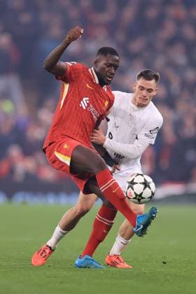 Football - UEFA Champions League - League Phase - Liverpool v Bayer Leverkusen 5th November 2024 - UEFA Champions League - League Phase - Liverpool v Bayer Leverkusen - Ibrahima Konate of Liverpool battles with Florian Wirtz of Bayer Leverkusen - Photo: Simon Stacpoole Offside. Liverpool UK Copyright: xSimonxStacpoolexOffside